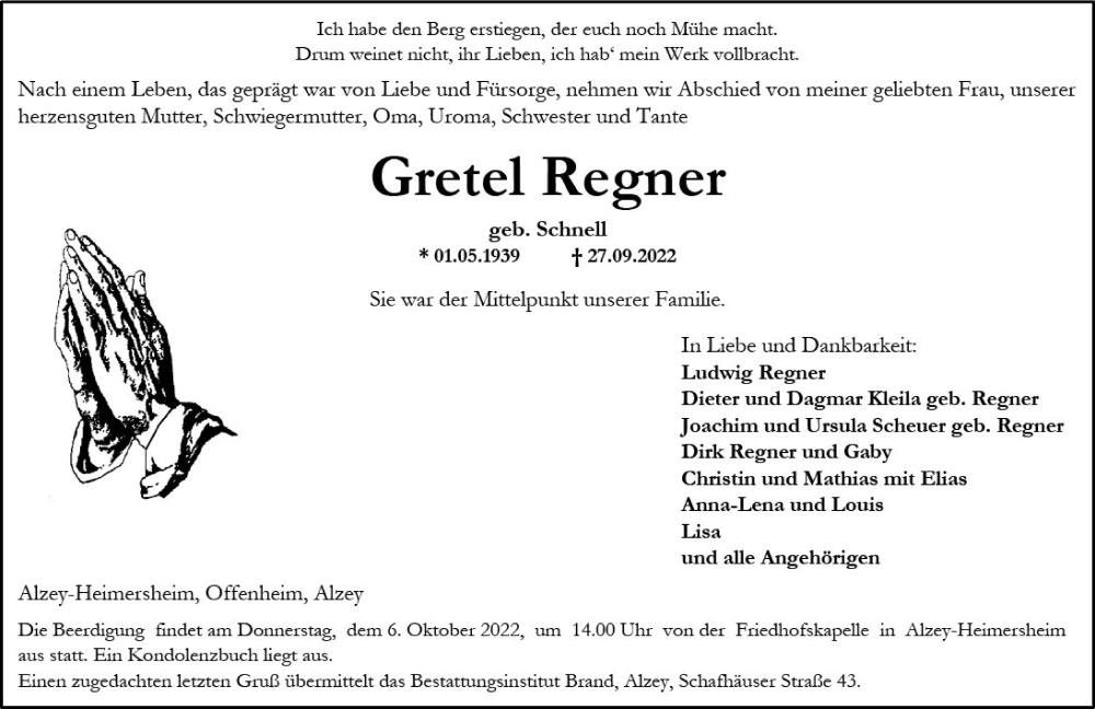  Traueranzeige für Gretel Regner vom 01.10.2022 aus vrm-trauer Allgemeine Zeitung Alzey