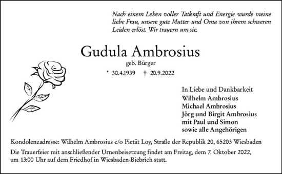 Traueranzeige von Gudula Ambrosius von vrm-trauer Wiesbadener Kurier