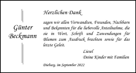 Traueranzeige von Günter Beckmann von vrm-trauer DieburgerAnzeiger/Groß-Zimmerner Lokala