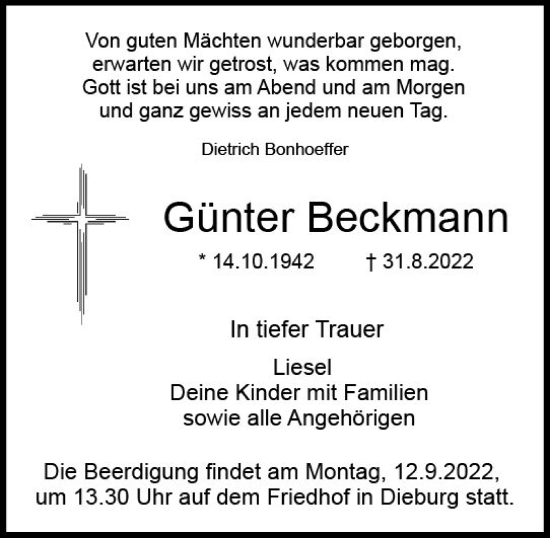 Traueranzeige von Günter Beckmann von vrm-trauer DieburgerAnzeiger/Groß-Zimmerner Lokala