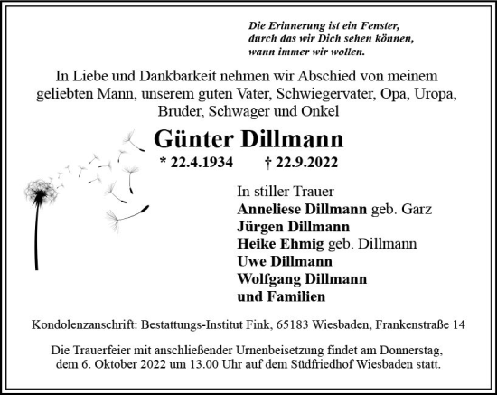 Traueranzeige von Günter Dillmann von vrm-trauer Wiesbadener Kurier