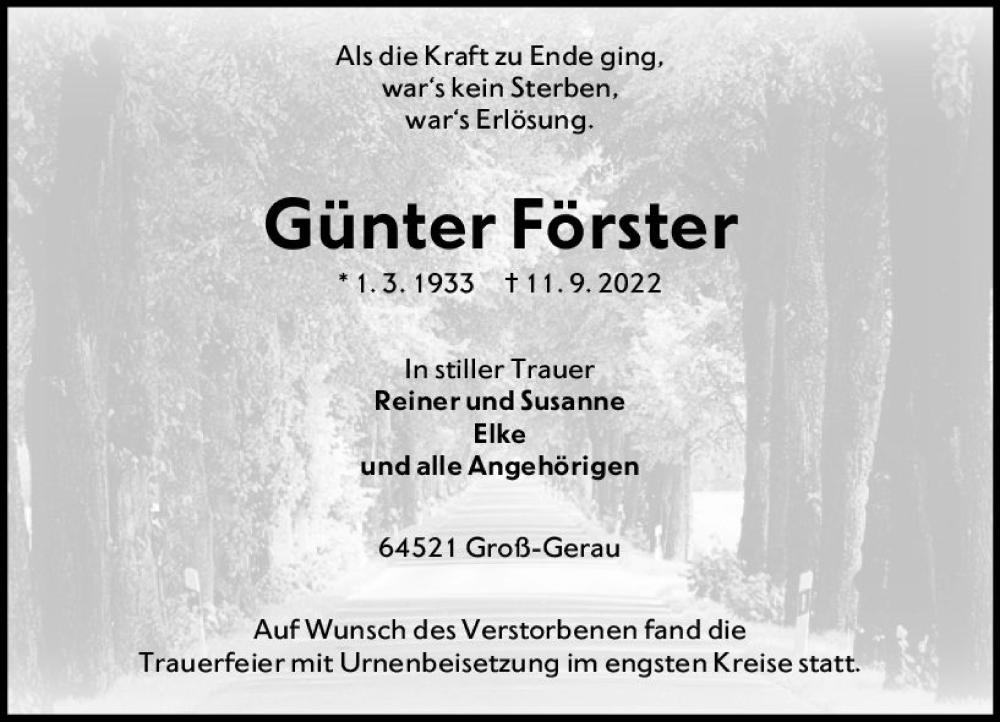  Traueranzeige für Günter Förster vom 01.10.2022 aus vrm-trauer Groß-Gerauer Echo