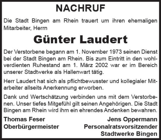 Traueranzeige von Günter Laudert von vrm-trauer Allgemeine  Zeitung Ingelheim-Bingen