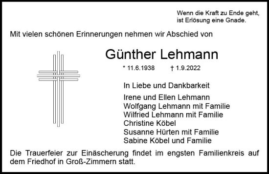Traueranzeige von Günther Lehmann von vrm-trauer DieburgerAnzeiger/Groß-Zimmerner Lokala