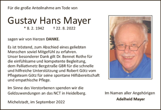 Traueranzeige von Gustav Hans Mayer von vrm-trauer Odenwälder Echo