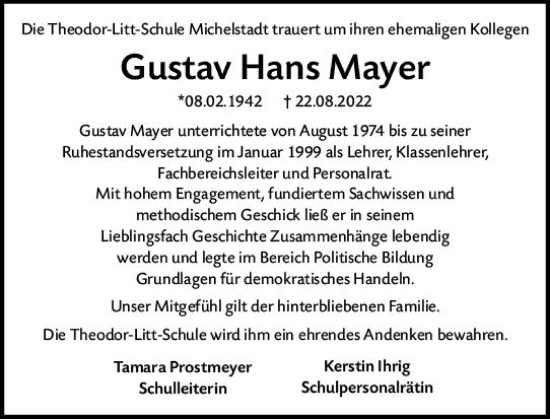 Traueranzeige von Gustav Hans Mayer von vrm-trauer Odenwälder Echo