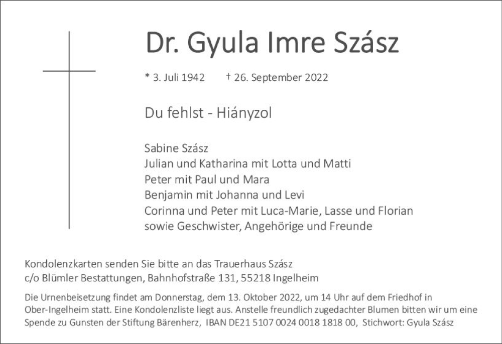  Traueranzeige für Gyula Imre Szász vom 01.10.2022 aus vrm-trauer Allgemeine  Zeitung Ingelheim-Bingen