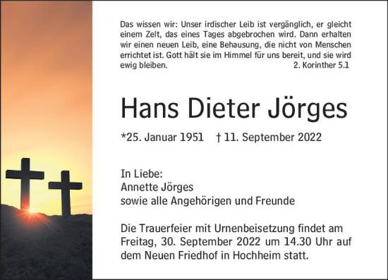 Traueranzeige von Hans Dieter Jörges von vrm-trauer Hochheimer Zeitung