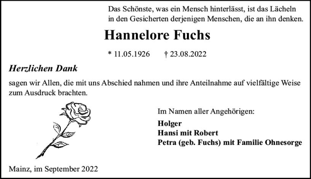  Traueranzeige für Hannelore Fuchs vom 10.09.2022 aus vrm-trauer AZ Mainz