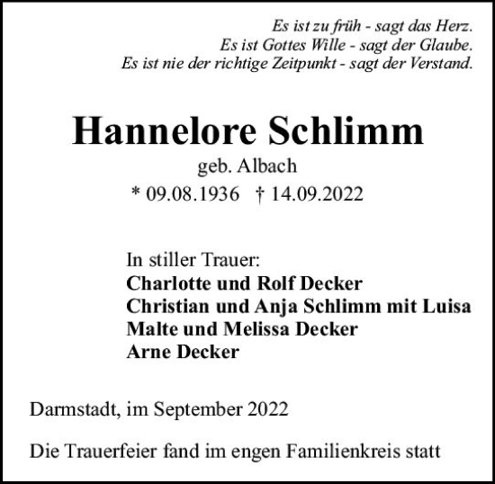 Traueranzeige von Hannelore Schlimm von vrm-trauer Darmstädter Echo