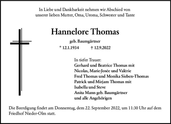 Traueranzeige von Hannelore Thomas von vrm-trauer AZ Mainz