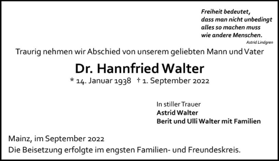 Traueranzeige von Hannfried Walter von vrm-trauer AZ Mainz
