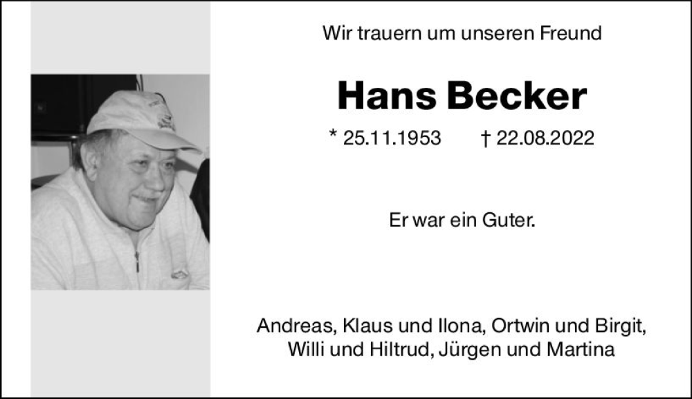  Traueranzeige für Hans Becker vom 03.09.2022 aus vrm-trauer Allgemeine Zeitung Alzey