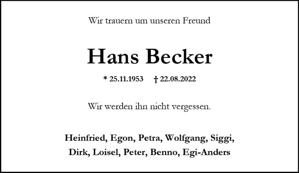  Traueranzeige für Hans Becker vom 07.09.2022 aus vrm-trauer Allgemeine Zeitung Alzey