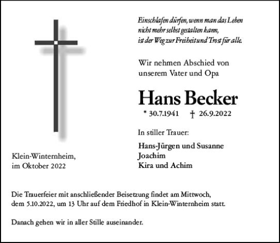 Traueranzeige von Hans Becker von vrm-trauer AZ Mainz