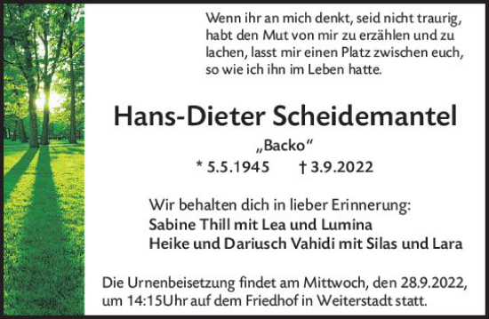 Traueranzeige von Hans-Dieter Scheidemantel von vrm-trauer Darmstädter Echo