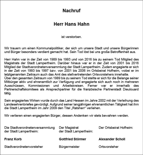 Traueranzeige von Hans Hahn von vrm-trauer Bürstädter/Lamperth. Ztg/Starkenburger