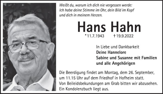Traueranzeige von Hans Hahn von vrm-trauer Wormser Zeitung