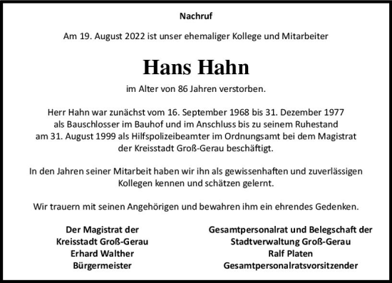 Traueranzeige von Hans Hahn von vrm-trauer Groß-Gerauer Echo