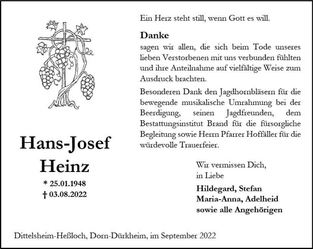  Traueranzeige für Hans-Josef Heinz vom 01.10.2022 aus vrm-trauer Wormser Zeitung