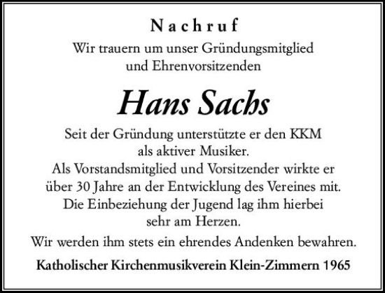 Traueranzeige von Hans Sachs von vrm-trauer DieburgerAnzeiger/Groß-Zimmerner Lokala