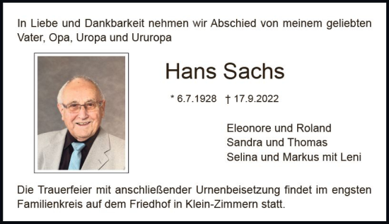 Traueranzeige von Hans Sachs von vrm-trauer DieburgerAnzeiger/Groß-Zimmerner Lokala