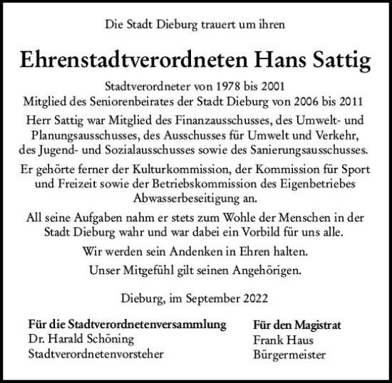 Traueranzeige von Hans Sattig von vrm-trauer DieburgerAnzeiger/Groß-Zimmerner Lokala