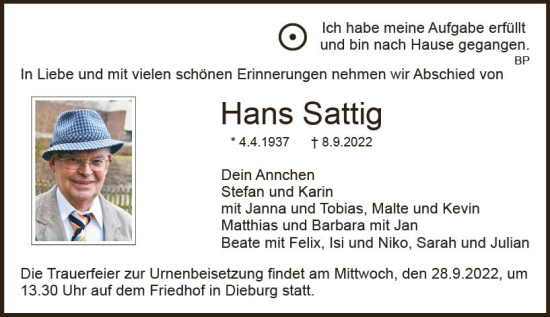 Traueranzeige von Hans Sattig von vrm-trauer DieburgerAnzeiger/Groß-Zimmerner Lokala