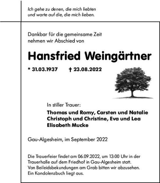 Traueranzeige von Hansfried Weingärtner von vrm-trauer Allgemeine  Zeitung Ingelheim-Bingen