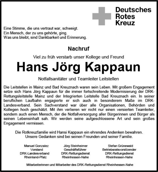 Traueranzeige von Hans Jörg Kappaun von vrm-trauer Allg. Zeitung Bad Kreuznach