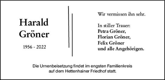 Traueranzeige von Harald Gröner von vrm-trauer Wiesbadener Kurier