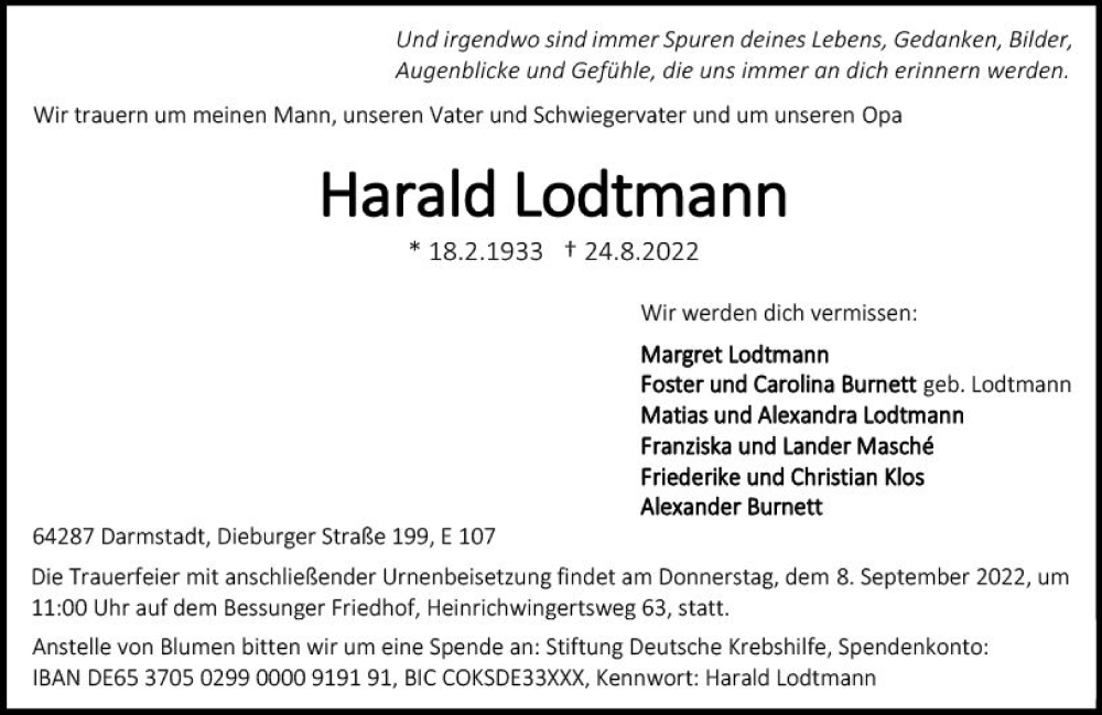  Traueranzeige für Harald Lodtmann vom 03.09.2022 aus vrm-trauer Darmstädter Echo