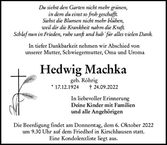 Traueranzeige von Hedwig Machka von vrm-trauer Bürstädter/Lamperth. Ztg/Starkenburger