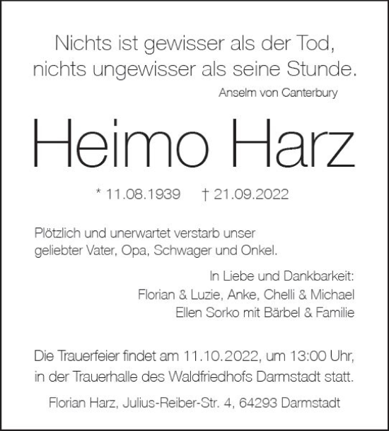 Traueranzeige von Heimo Harz von vrm-trauer Darmstädter Echo