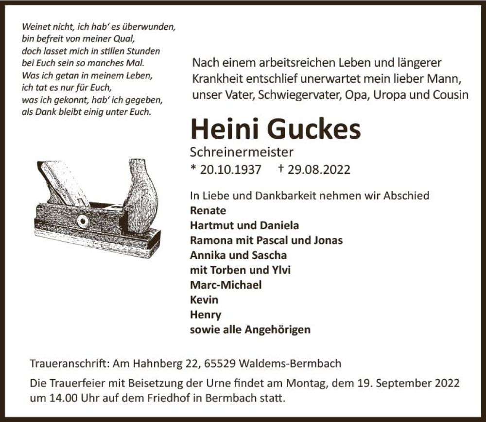  Traueranzeige für Heini Guckes vom 10.09.2022 aus vrm-trauer Wiesbadener Kurier