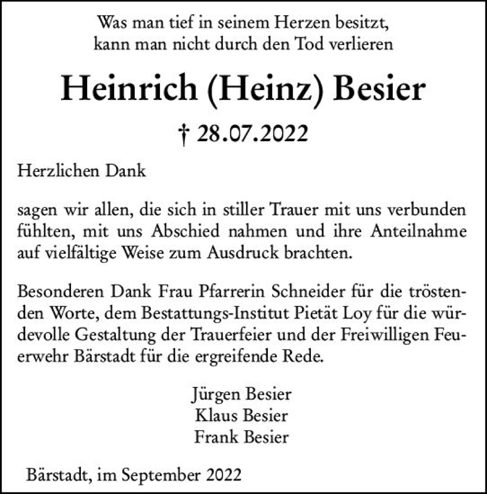  Traueranzeige für Heinrich Besier vom 01.10.2022 aus vrm-trauer Wiesbadener Kurier