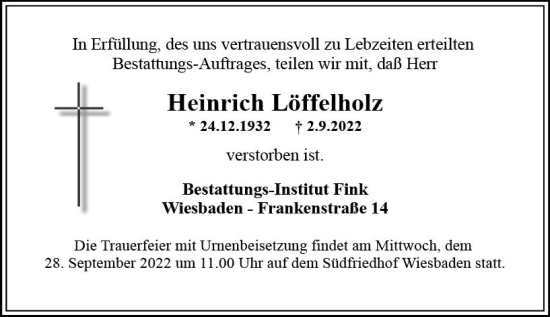 Traueranzeige von Heinrich Löffelholz von vrm-trauer Wiesbadener Kurier