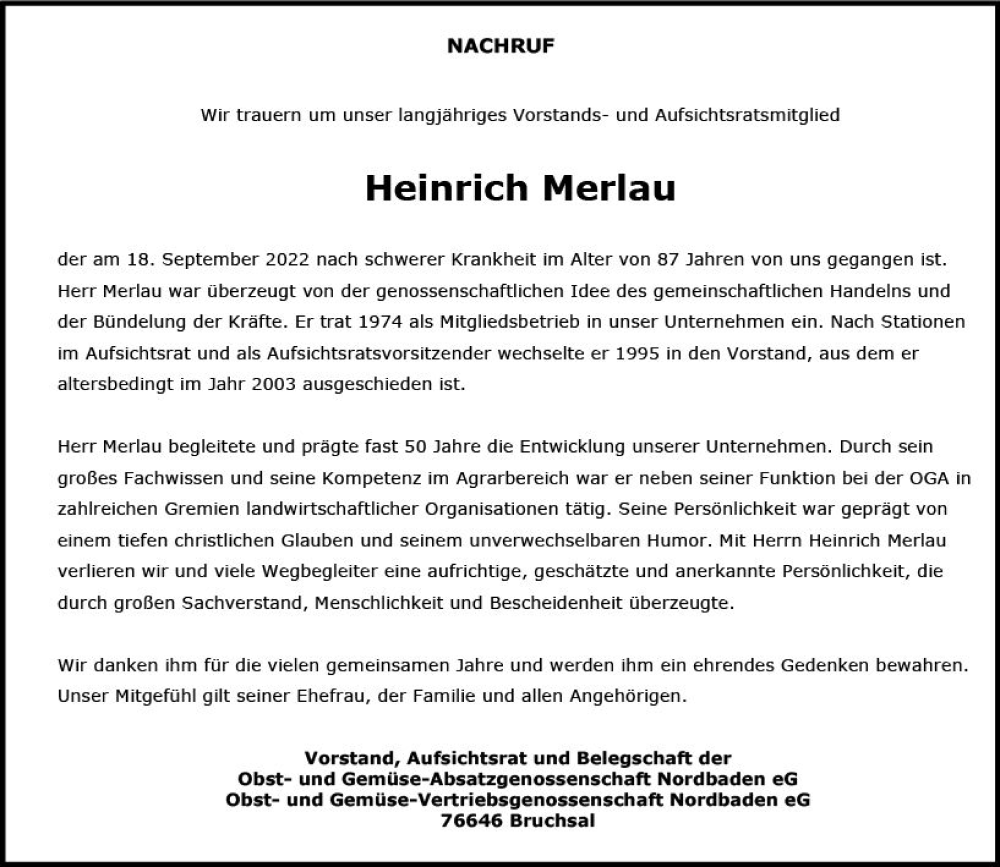  Traueranzeige für Heinrich Merlau vom 01.10.2022 aus vrm-trauer Darmstädter Echo