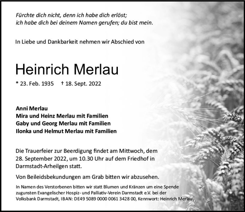  Traueranzeige für Heinrich Merlau vom 24.09.2022 aus vrm-trauer Darmstädter Echo