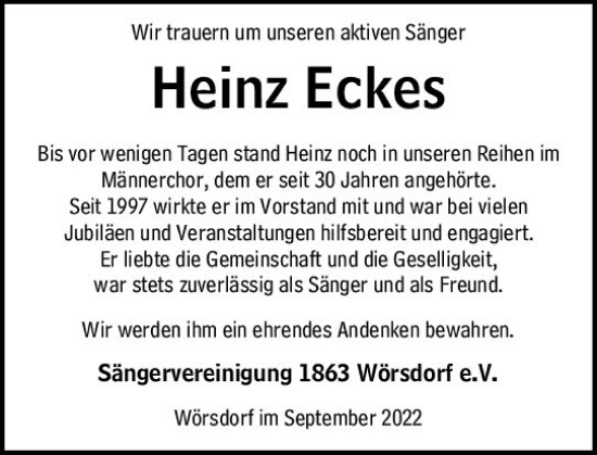 Traueranzeige von Heinz Eckes von vrm-trauer Idsteiner Zeitung
