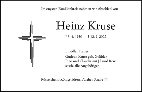 Traueranzeige von Heinz Kruse von vrm-trauer Rüsselsheimer Echo / MainSpitze
