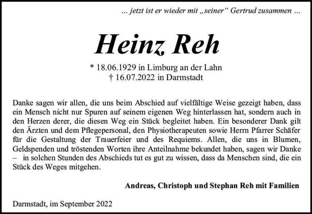  Traueranzeige für Heinz Reh vom 03.09.2022 aus vrm-trauer Darmstädter Echo