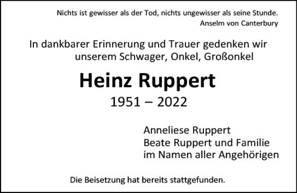  Traueranzeige für Heinz Ruppert vom 03.09.2022 aus vrm-trauer Darmstädter Echo