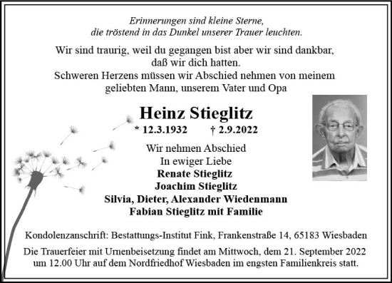 Traueranzeige von Heinz Stieglitz von vrm-trauer Wiesbadener Kurier