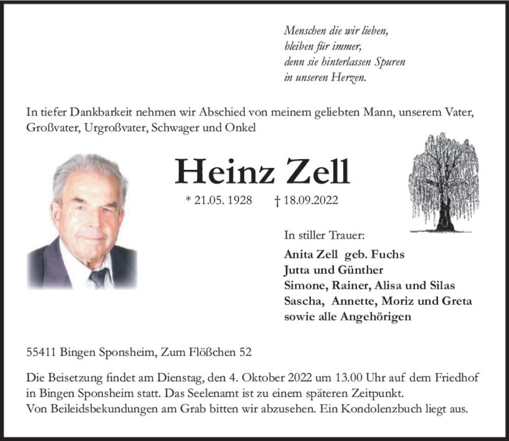  Traueranzeige für Heinz Zell vom 01.10.2022 aus vrm-trauer Allgemeine  Zeitung Ingelheim-Bingen