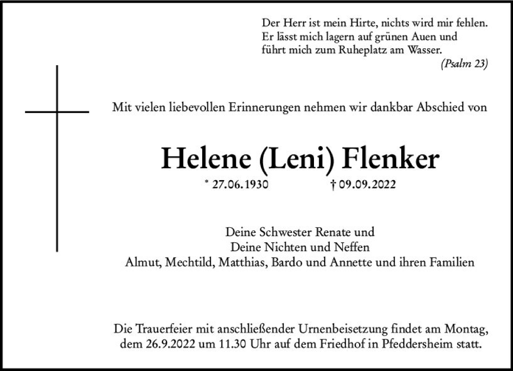  Traueranzeige für Helene Flenker vom 24.09.2022 aus vrm-trauer Wormser Zeitung