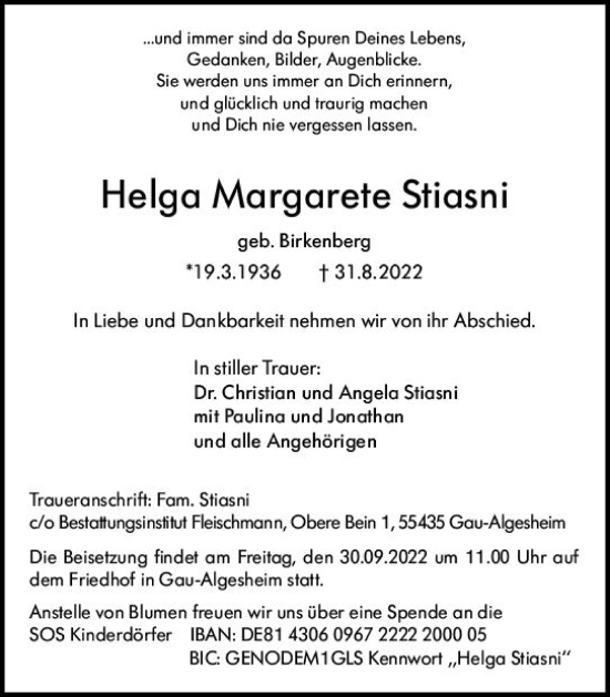 Traueranzeige von Helga Margarete Stiasni von vrm-trauer Allgemeine  Zeitung Ingelheim-Bingen