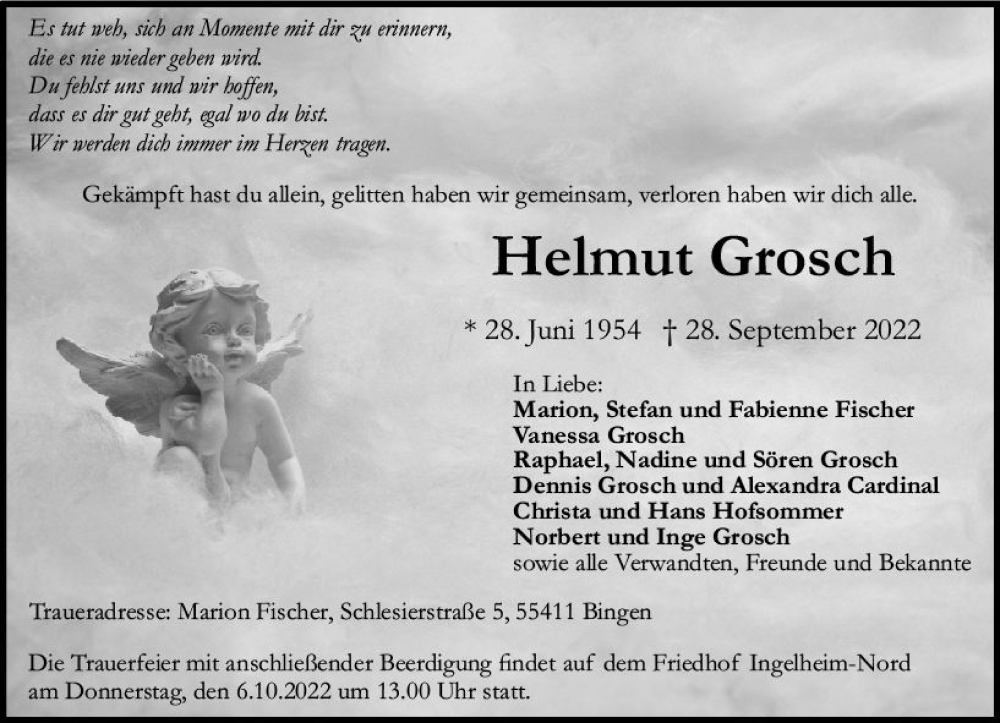  Traueranzeige für Helmut Grosch vom 01.10.2022 aus vrm-trauer Allgemeine  Zeitung Ingelheim-Bingen