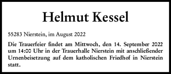 Traueranzeige von Helmut Kessel von vrm-trauer AZ Mainz