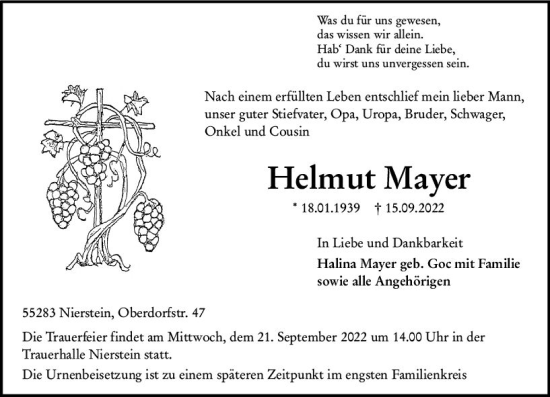 Traueranzeige von Helmut Mayer von vrm-trauer AZ Mainz